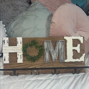 The Spring Shop Rustic HOME Wall Decor with Hooks - Brown, White, Green